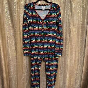PINK Victorias Secret Rainbow Logo One Piece Pajama Romper Medium